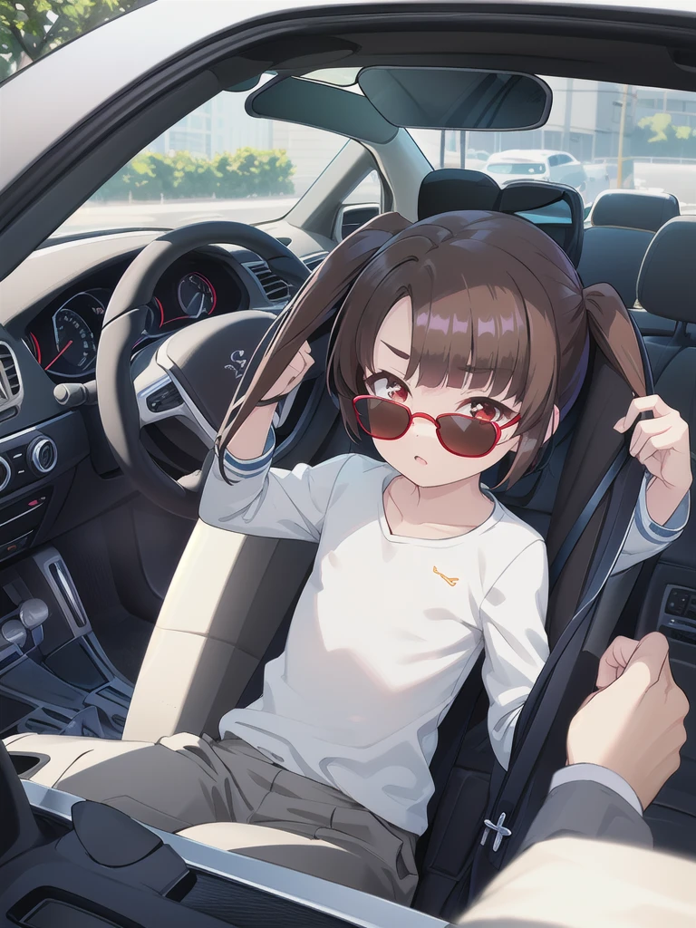 In the car,Convertible,Sitting,((Behind the wheel of a car)),Looking Ahead,driving,1 Girl, 独奏, Red eyes,((Wearing sunglasses)),, Twin tails, brown hair,crawling,((顔 focus)),upper body,White long sleeve shirt,Grey slacks, bangs, eyebrows visible through hair, Flat Chest,