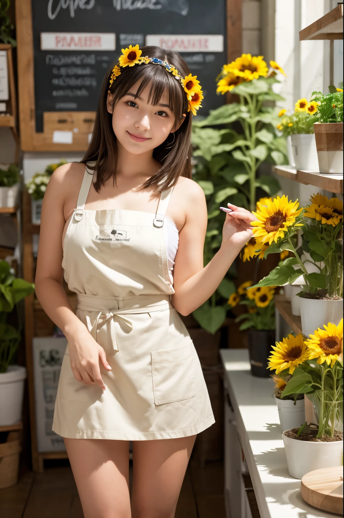 A 20-year-old girl working at a flower shop(Wearing a miniskirt and apron)have a sunflower