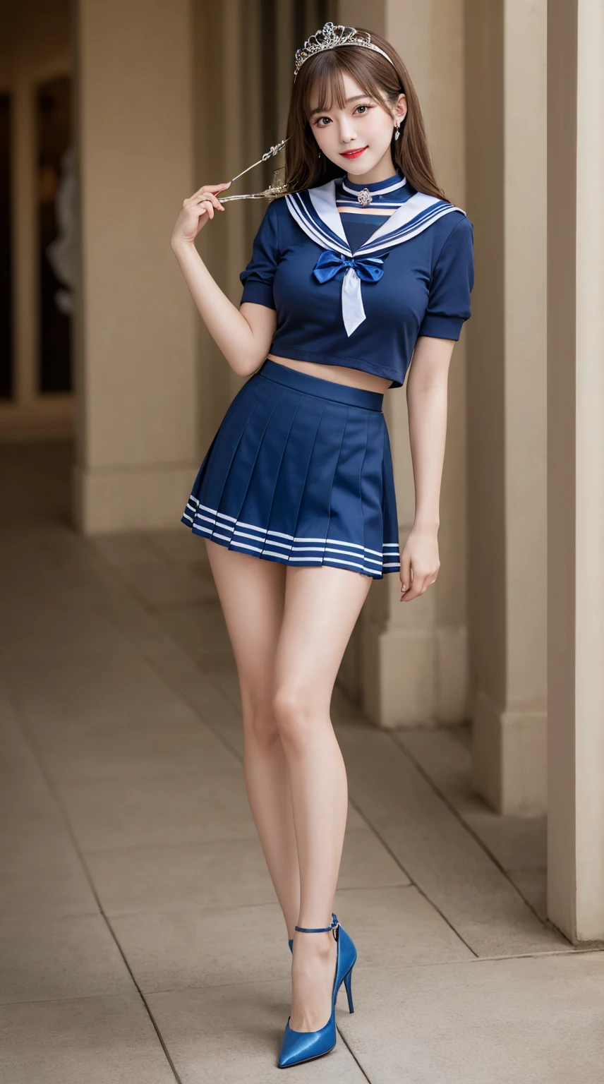 highest quality、table top、8k、best image quality、Award-winning work)、one beautiful woman、radiant beautiful skin , masterpiece、top-quality、The ultra -The high-definition、depth of fields、lens flare 1 girl、brown hair, watching at viewers glares, large breasts ( high heels), perfect legs, model pose, smiling , sailor senshi uniform, (blue skirt:1.4), tiara, (blue sailor collar:1.4), blue bow, blue choker
