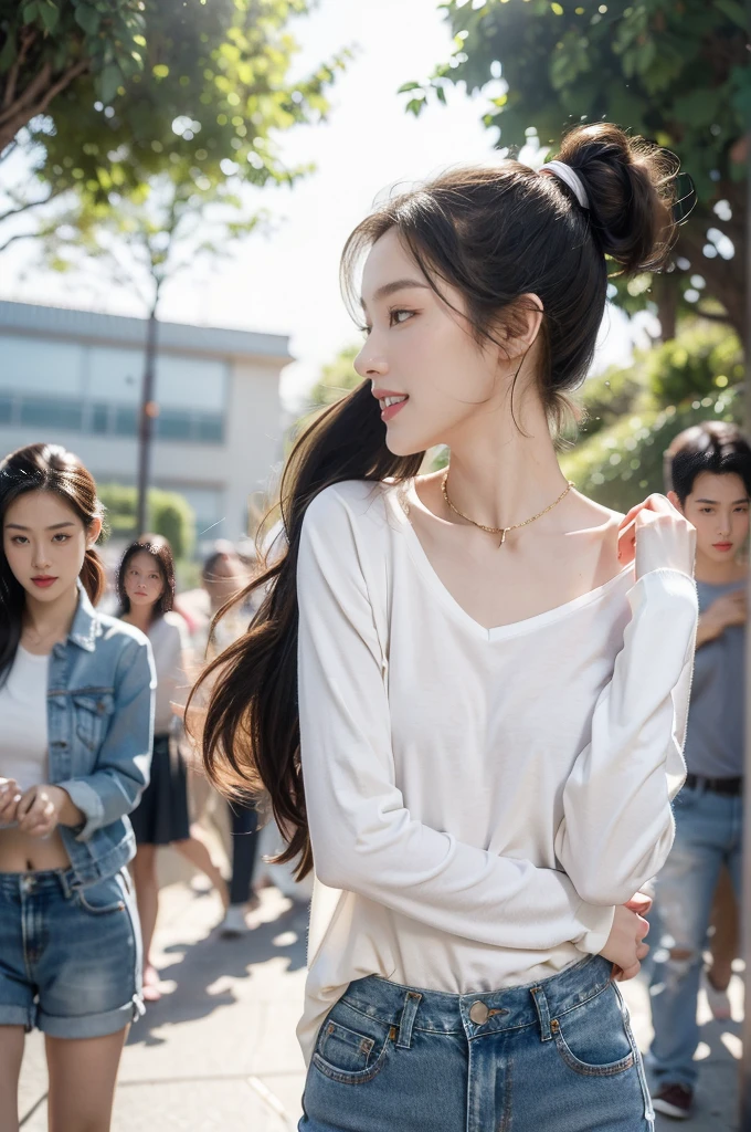 (((best quality))),(((ultra detailed))),(((masterpiece))),illustration,((1 beautiful girl,solo)),((slim,thin)),((small breasts,flat chest)), outside school gate, summer twilight, sunlight,(short ponytail:1.3),((white long-sleeved shirt)),(clavicalis:1.3),((denim shorts,slender legs)),animated face, excited eyes, sounds of laughter, chatter, excitement of summer vacation, air filled with energy, school gate golden glow, symbol of end of academic year, schoolyard transformed, reunion, farewells, embracing setting sun, face illuminated, moment captured, fleeting instant, essence of summer, carefree spirit, youthful exuberance, embodiment of season, sun dips, rosy glow, joy of living,promise of adventures,((standing,from front,upper body)),(surrounded by crowded crowds:1.3)