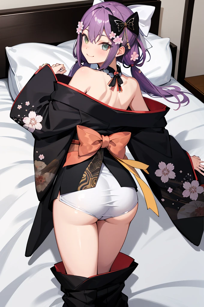 masterpiece, best quality, highres, aaritsuki, low twintails, hair ornament, hair bow, white bow, hair flower, halterneck, cleavage, off shoulder, japanese clothes, black kimono, long sleeves, wide sleeves, floral print, ass,from, back, on bed, looking at viewer,  smile,