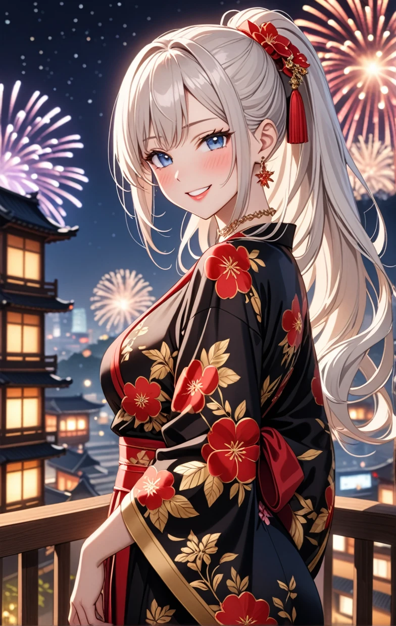 ((One personの女性)), Beautiful Face, (Laughing embarrassedly), (seductive smile:1.4), ((Wink:1.9)), (head tilt:1.3), Laugh with your mouth wide open, upper teeth, looking at viewer, ((full-face blush:1.6)),Glossy Red Lips,Night view, High terrace, firework, Glossy red lips, Shining Face, ((Anime style background)),masterpiece, Highest quality, so beautiful,up to date, Complex details, (Pink long nails),(ring),(bracelet),(Floral choker),AI-generated, Complex,High resolution, Highest quality, super high quality,3D Images、3D Images,One person,Long white hair,High Ponytail, Anime woman posing for a photo,(blue eyes), ((Fine grain、Silvery white, lightly pigmented eyes、Shining Eyes:1.3)), (Squint your eyes:1.1),a hyperRealistic , hyperRealistic , Realistic,Anime woman with long white hair, Smooth anime CG art, A woman in a colorful kimono with gold embroidery, ((Black long sleeve kimono)),Red floral pattern,Long flower hair ornament,Earrings,Mature Body,(Big Breasts:1.1),Tall,Abdominal muscles,Tight waist,(Leaning forward), (hip focus:1.1), ((looking back)),