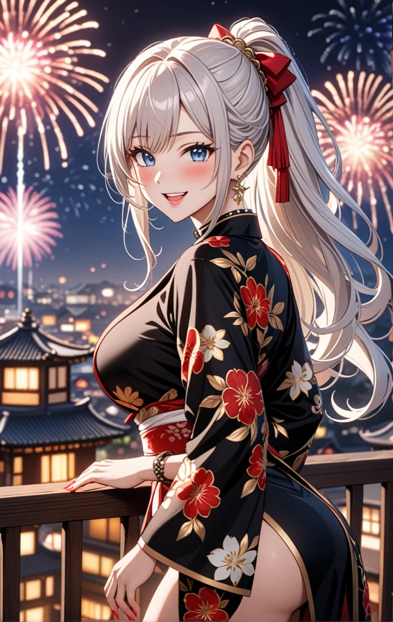 ((One personの女性)), Beautiful Face, (Laughing embarrassedly), (seductive smile:1.4), ((Wink:1.9)), (head tilt:1.3), Laugh with your mouth wide open, upper teeth, looking at viewer, ((full-face blush:1.6)),Glossy Red Lips,Night view, High terrace, firework, Glossy red lips, Shining Face, ((Anime style background)),masterpiece, Highest quality, so beautiful,up to date, Complex details, (Pink long nails),(ring),(bracelet),(Floral choker),AI-generated, Complex,High resolution, Highest quality, super high quality,3D Images、3D Images,One person,Long white hair,High Ponytail, Anime woman posing for a photo,(blue eyes), ((Fine grain、Silvery white, lightly pigmented eyes、Shining Eyes:1.3)), (Squint your eyes:1.1),a hyperRealistic , hyperRealistic , Realistic,Anime woman with long white hair, Smooth anime CG art, A woman in a colorful kimono with gold embroidery, ((Black long sleeve kimono)),Red floral pattern,Long flower hair ornament,Earrings,Mature Body,(Big Breasts:1.1),Tall,Abdominal muscles,Tight waist,(Leaning forward), (hip focus:1.1), ((looking back)),
