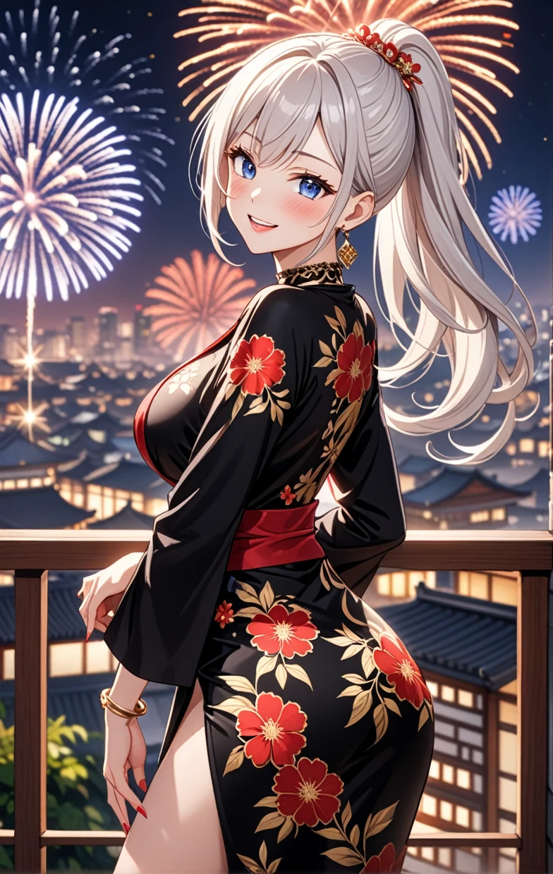 ((One personの女性)), Beautiful Face, (Laughing embarrassedly), (seductive smile:1.4), ((Wink:1.9)), (head tilt:1.3), Laugh with your mouth wide open, upper teeth, looking at viewer, ((full-face blush:1.6)),Glossy Red Lips,Night view, High terrace, firework, Glossy red lips, Shining Face, ((Anime style background)),masterpiece, Highest quality, so beautiful,up to date, Complex details, (Pink long nails),(ring),(bracelet),(Floral choker),AI-generated, Complex,High resolution, Highest quality, super high quality,3D Images、3D Images,One person,Long white hair,High Ponytail, Anime woman posing for a photo,(blue eyes), ((Fine grain、Silvery white, lightly pigmented eyes、Shining Eyes:1.3)), (Squint your eyes:1.1),a hyperRealistic , hyperRealistic , Realistic,Anime woman with long white hair, Smooth anime CG art, A woman in a colorful kimono with gold embroidery, ((Black long sleeve kimono)),Red floral pattern,Long flower hair ornament,Earrings,Mature Body,(Big Breasts:1.1),Tall,Abdominal muscles,Tight waist,(Leaning forward), (hip focus:1.1), ((looking back)),
