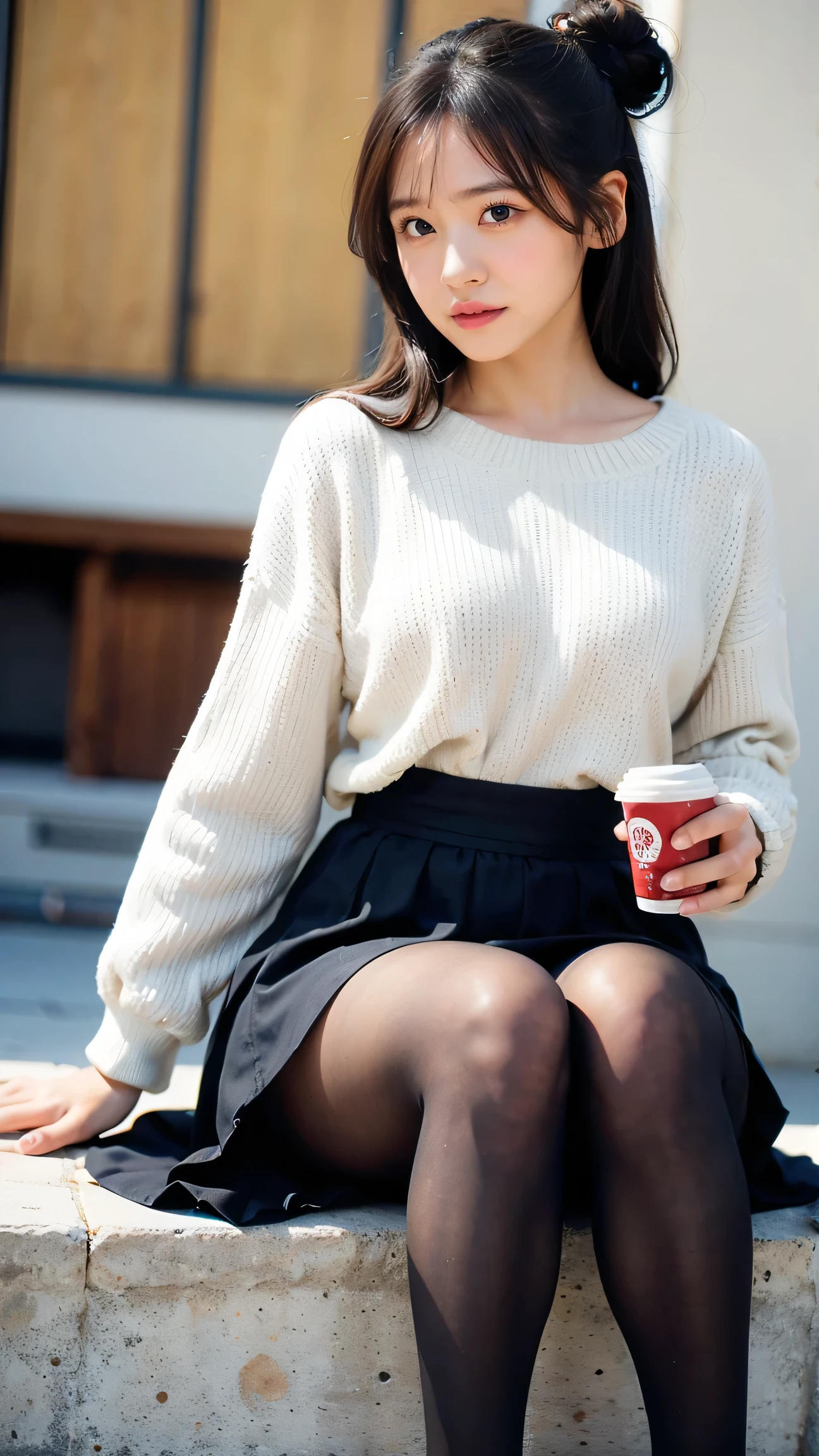 Highest quality,4K,8K,High resolution,Tabletop:1.2),Super detailed,(Realistic,Photorealisticです,Photorealistic:1.37),Beautiful and delicate blue eyes,long black hair in a high bun,detailed red veil,Sharp focus,Professional,Vibrant colors Beautiful woman close-up portrait, like, smile, bright black hair, Perfect dynamic composition, Beautiful and attentive eyes, Like a fashion magazine cover, On campus,holding a starbucks coffee in hand、White knitted clothing、skirt、Black Stockings、I can&#39;t see your face。In the back。The figure is facing backwards。Facing outwards、I can&#39;t see your face。