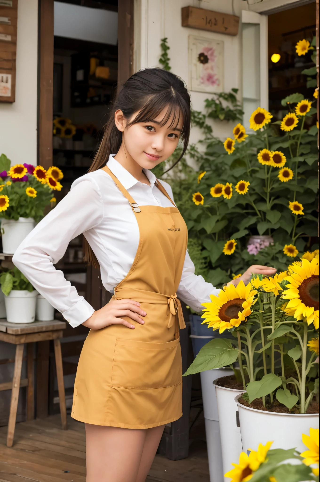 A 20-year-old girl working at a flower shop（Wearing a miniskirt and apron）have a sunflower