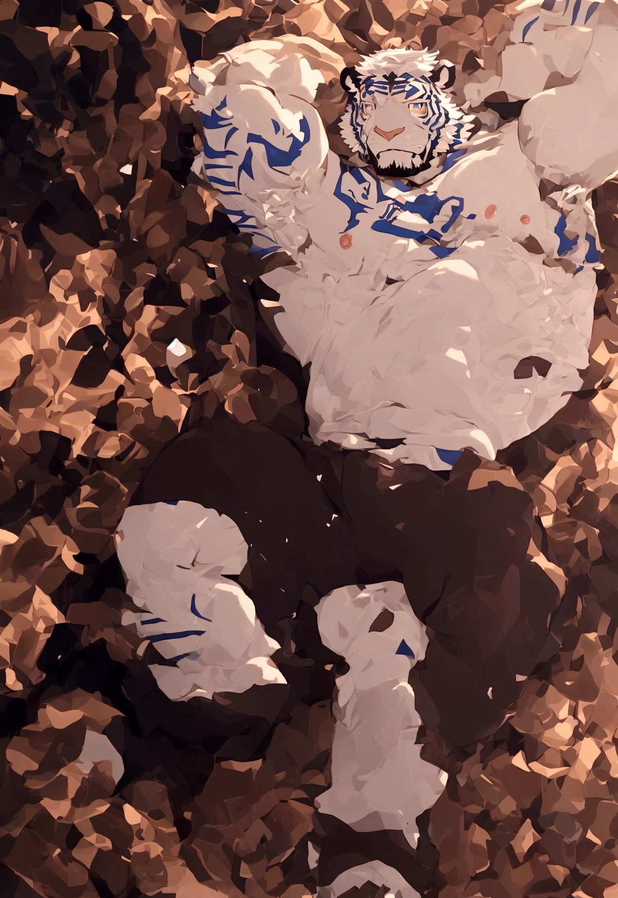 Gay , muscle , tiger , furry , White hair ,Top ,Tiger Use his dirty soldier black sock to step on and rub the bot wolf's dick below his sock , musky , odor , the wolf leaking the cum on his cock and get moan