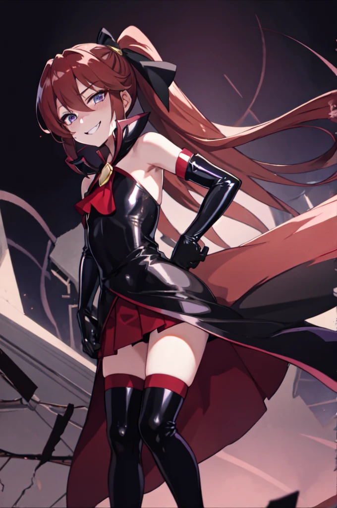 Highest quality, masterpiece, One Girl,Not beautiful, Red Ponytail, Long dress, brooch, Hair Ribbon, - Elbow hand pockets, Black knee socks, Standing on the rubble,  (Wicked Smile:1.1), ,,Dark shadowed face,Sadistic smile,Malice,Contempt,smile,latex,Bad face,,Red Skirt,two hands,two legs,five fingers,black and purple background,elbow gloves,latex,


