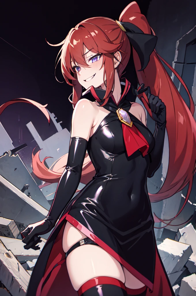 Highest quality, masterpiece, One Girl,Not beautiful, Red Ponytail, Long dress, brooch, Hair Ribbon, - Elbow hand pockets, Black knee socks, Standing on the rubble, (Wicked Smile:1.1), ,,Dark shadowed face,Sadistic smile,Malice,Contempt,smile,latex,Bad face,,Red Skirt,two hands,two legs,five fingers,black and purple background,elbow gloves,latex,