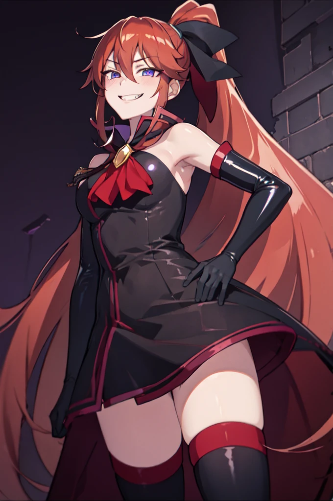 Highest quality, masterpiece, One Girl,Not beautiful, Red Ponytail, Long dress, brooch, Hair Ribbon, - Elbow hand pockets, Black knee socks, Standing on the rubble, (Wicked Smile:1.1), ,,Dark shadowed face,Sadistic smile,Malice,Contempt,smile,latex,Bad face,,Red Skirt,two hands,two legs,five fingers,black and purple background,elbow gloves,latex,