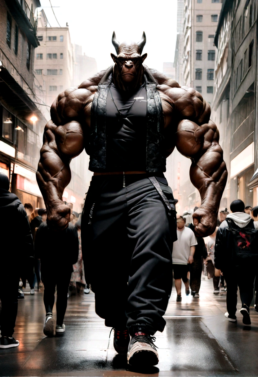 ((raw-photo)), ((Masterpiece artwork)), Anthropomorphic humanoid gorilla wearing (((streetwear clothes))), walking furiously among people, intricate-detail, intricate Greebles pieces, city behind, muscled body, (((large muscles))), muscular arms, (small head), monstrous ogre, Titan soft lighting, hyper realist, soft-lighting, eerie ambiance