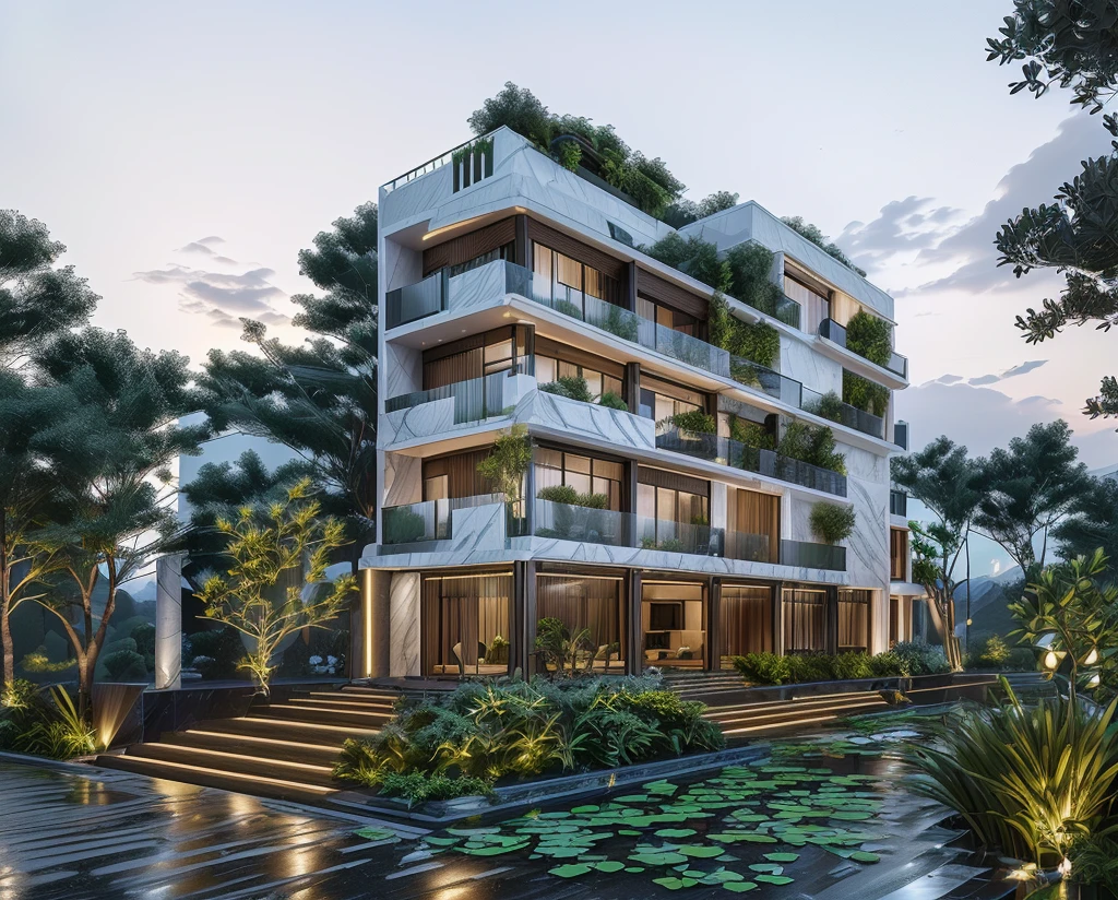 3D render of a beautiful house, Dark, gray tones, white wall. lumion render, night time render, insanely detailed rendering, realistic architecture, architectural visualization. The house is adorned with elegant lighting and plants to enhance its exterior appearance in a Vietnam city street. The staircase leading into the house is tiled with black marble and has bright LED lights. Behind are hills and mountains with clear blue sky. balcony with green plants. The main door is made of black aluminum and glass reaching up to the ceiling. Looking through the glass windows to look inside the house with luxurious interiors with luxurious and warm lights, interior lighting rendering and lighting effects. marble and wood and glass, dark and modern, luxcore render, taken with professional photography techniques, using a wide angle lens with bright natural light and high resolution details, in the style of professional photograph, hyper realistic, highly detailed.