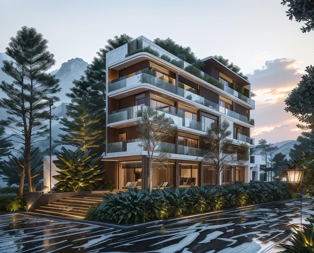 3D render of a beautiful house, Dark, gray tones, white wall. lumion render, night time render, insanely detailed rendering, realistic architecture, architectural visualization. The house is adorned with elegant lighting and plants to enhance its exterior appearance in a Vietnam city street. The staircase leading into the house is tiled with black marble and has bright LED lights. Behind are hills and mountains with clear blue sky. balcony with green plants. The main door is made of black aluminum and glass reaching up to the ceiling. Looking through the glass windows to look inside the house with luxurious interiors with luxurious and warm lights, interior lighting rendering and lighting effects. marble and wood and glass, dark and modern, luxcore render, taken with professional photography techniques, using a wide angle lens with bright natural light and high resolution details, in the style of professional photograph, hyper realistic, highly detailed.