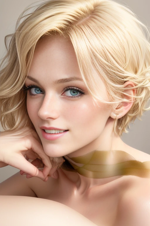 blond woman smiling at the camera, nina tryggvadottir, color portrait, taken in the mid 2000s, detailed color portrait, taken in the late 2000s, photo of a woman, probably in her 30s, nina masic, in her early 3 0, colour portrait photograph.  Short blonde hair.  Short wavy hair.  Short bleach blond hair, perfect green eyes. (((Bare shoulders, bare neck, compltely naked, nude))).  