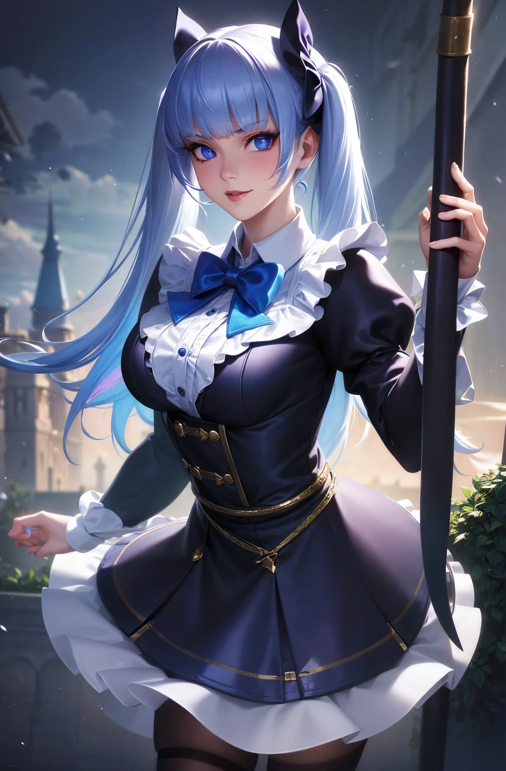 (detailed background), masterpiece, best quality, Mobile_Legends_Alice, blunt_bangs, thigh_highs, pink_eyes,
(Realistic painting style:0.9), masterpiece, ((Best quality)), absurdres, looking at viewer, no pupils,(( detailed eyes)), alternate costume, 1girl, , golden eyes, solo,white hair , black hair, multicolor hair, bow, purple bow, shirt, white shirt, looking at viewer, bangs, skirt, blue eyes, bowtie, multicolored hair, long hair, frills,
blush,collared shirt, black bowtie, hair bow, standing, black skirt, bow-shaped hair, blunt bangs, smile, sidelocks, blue bow, shirt tucked in, sleeves rolled up, center frills, gradient hair, dress shirt, light particles, blue hair, big breasts ,twintail, gothic clothing, gothic dress, mini skirt, outdoor, castle, cloud, multicolor clothing, gothic apron, garden flower, cute face, wielding a katana, gothic lolita,