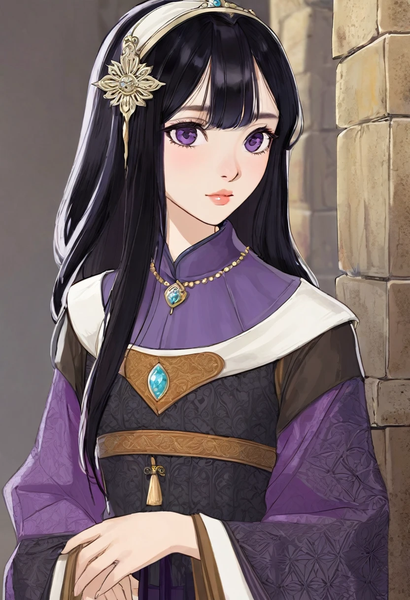 Woman with Asian features/ black hair/ notable purple eyes/ mole near your left eye/ normal medieval dress/ age 24 years.