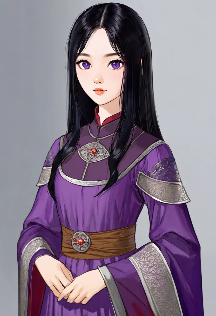Woman with Asian features/ black hair/ notable purple eyes/ mole near your left eye/ normal medieval dress/ age 24 years. 