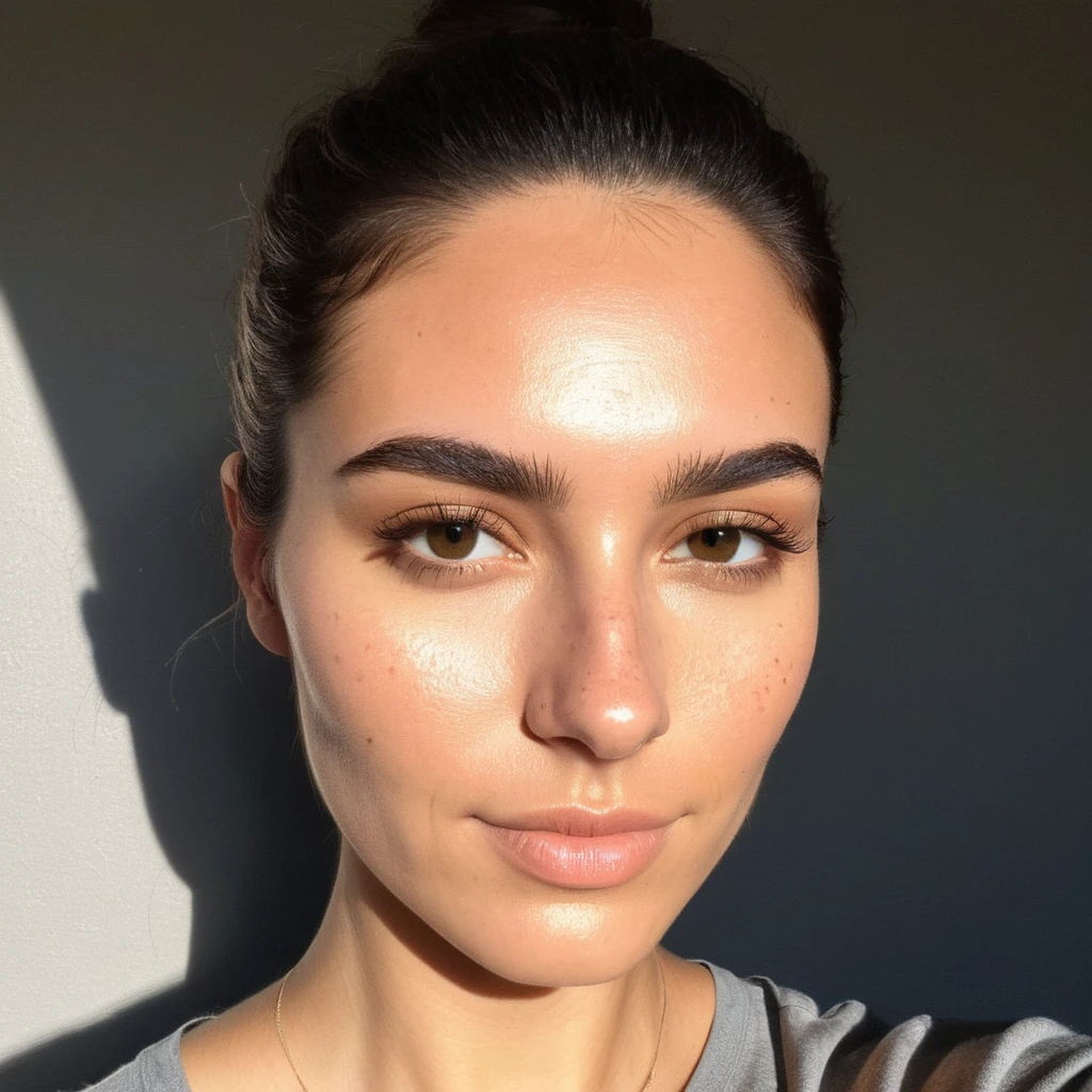 (front facing camera),(Texture de la peau, pores, naturel,iPhone,brut)), bright and sunny lighting, Full body photo'a woman with her hair styled to the side and wearing a ((tight)) elastic top with long sleeves and straps,regardant droit vers la caméra, nikon z9, Realistic matte skin,blurred landscape with green trees and grassy hills in the background,