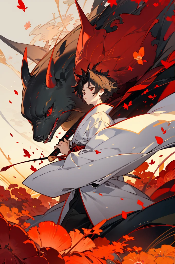 Beautifully detailed、 Masterpiece of high resolution portrait of a Japanese youth。,18-year-old male,Background of a red flower field illuminated by the setting sun,A large, asymmetrical horn grows from its head toward the left.,Black hair and captivating crimson eyes, Wearing a beautiful red kimono、 Showing an angry face。,On the left hand1He is walking forward holding a Japanese sword with a shiny silver blade.。,Beautiful thin red petals of red spider lilies fall from the flower field。