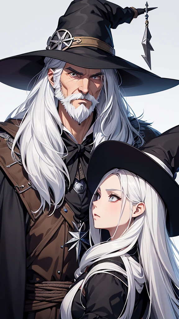 Create a couple of wizards in game anime style. The warlock must be tall, white skin color, Youngh, bonitas, muscular and with white hair and white beard( similar to Geralt of Rivia). The witch must be brown with long black hair. The two must be looking at each other passionately and holding a magic ribbon