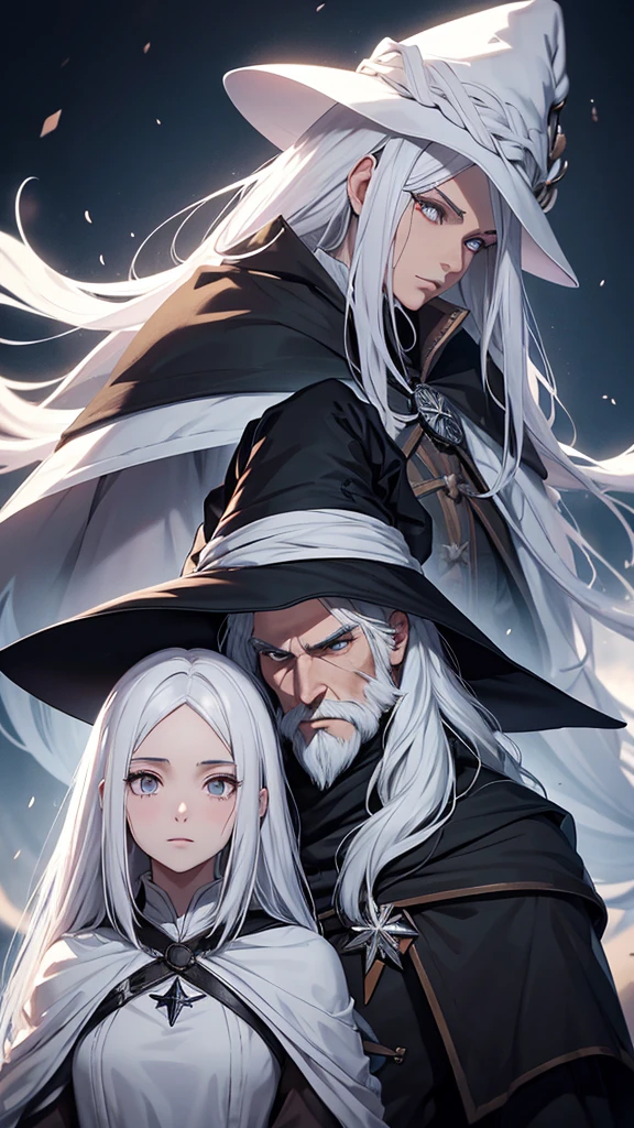 Create a couple of wizards in game anime style. The warlock must be tall, white skin color, Youngh, bonitas, muscular and with white hair and white beard( similar to Geralt of Rivia). The witch must be brown with long black hair. The two must be looking at each other passionately and holding a magic ribbon