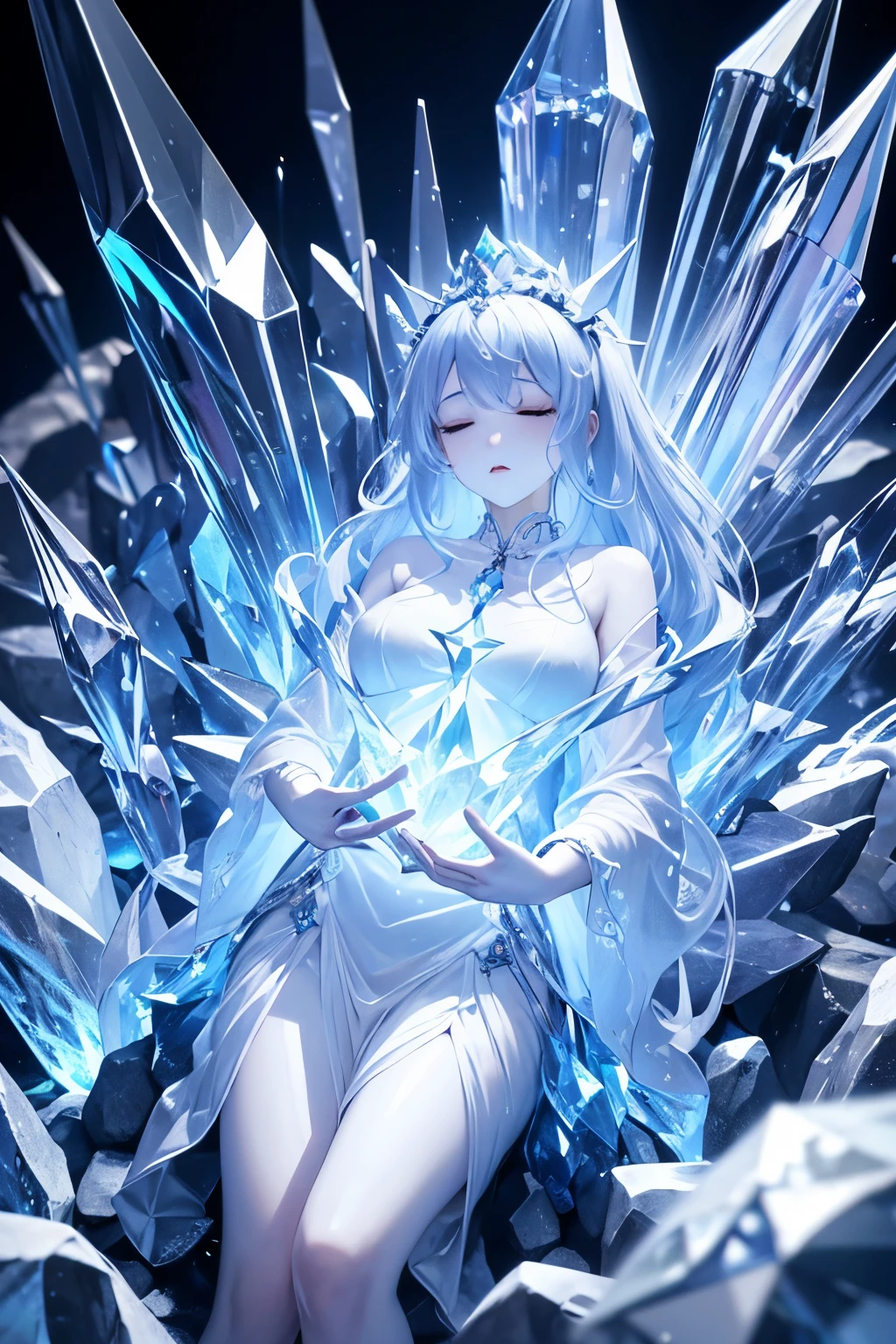 （（（ＳＦＷ、sound、Highest quality、first-clasasterpiece、Normal body、8K、Detailed face、Ultra-precision、Normal hand、Normal finger、５Finger、Highest）））、spirit、Holy Spirit、The Goddess Sleeping in the Crystal、Full body crystals、Glowing body、The light reflects and shines even more