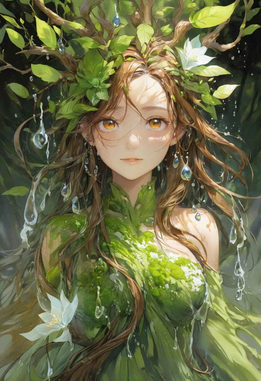 One girl, Female tree spirit, Wood Hair, Internal boiling acetic acid, Put a few drops of acetic acid on the skin,