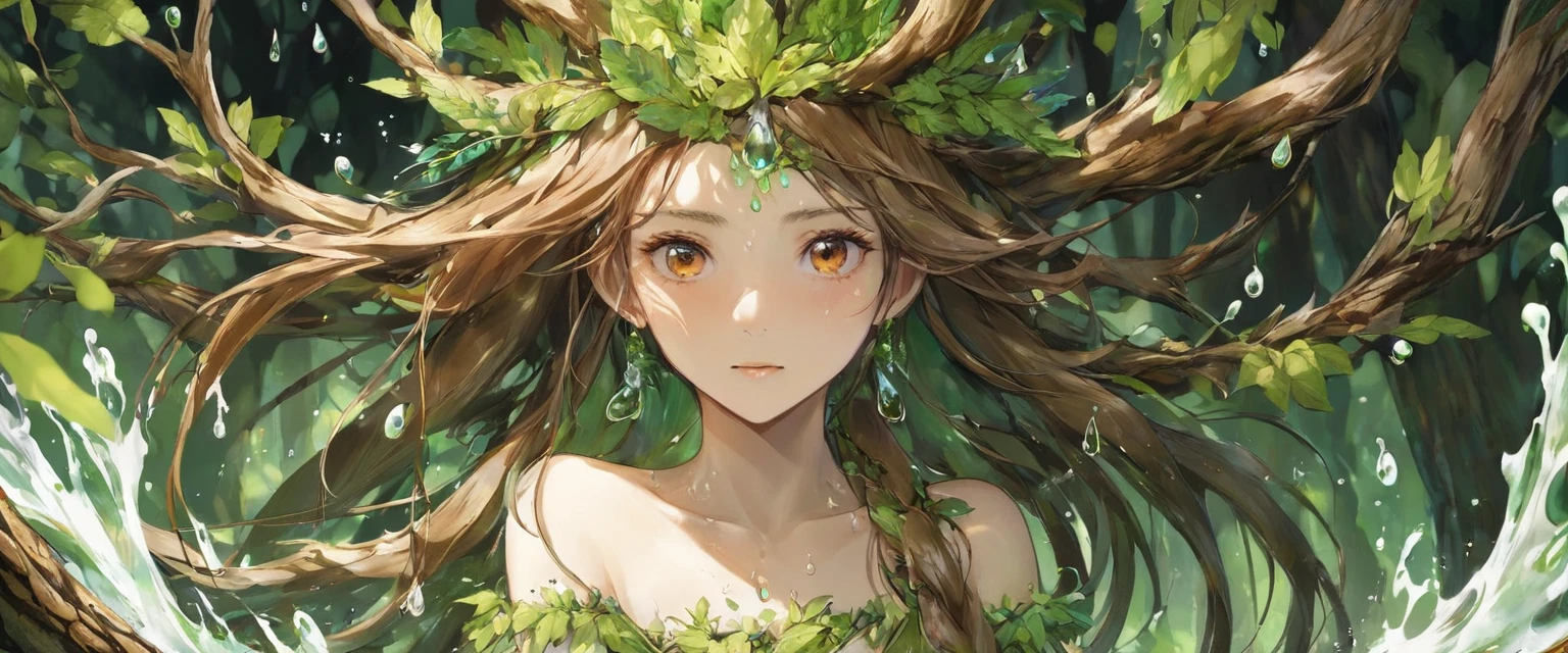 One girl, Female tree spirit, Wood Hair, Internal boiling acetic acid, Put a few drops of acetic acid on the skin,