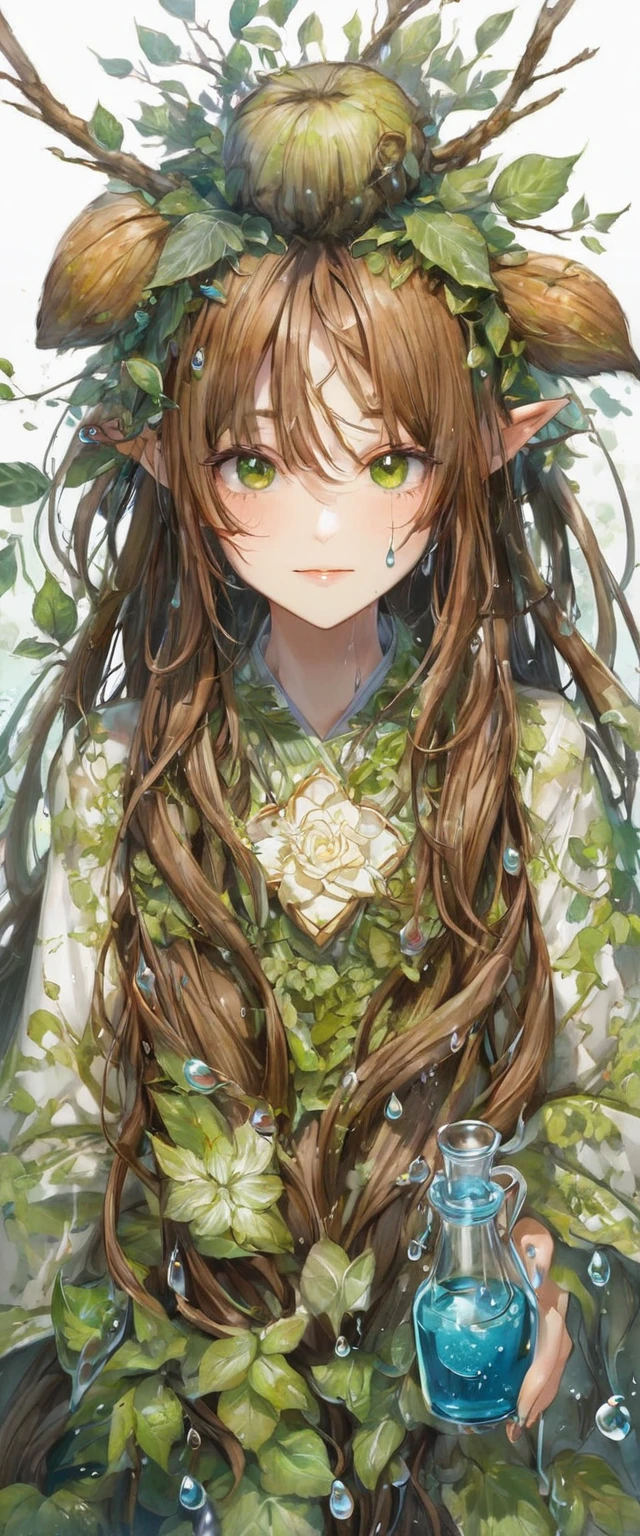 One girl, Female tree spirit, Wood Hair, Internal boiling acetic acid, Put a few drops of acetic acid on the skin,