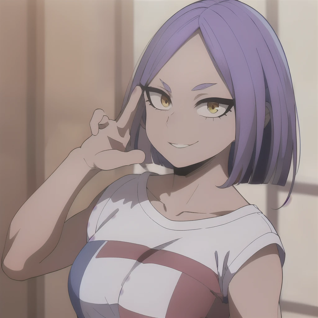 Masterpiece,Best Quality,1 girl(msm woman),standing,(blue short sleeve t-shirt with white and red stripes,blue pants),FROM THE FRONT, pale skin, purple hair with light blue tips(short layered wolfcut hair style, with bangs, shoulder length hair), yellow eyes, greeting pose