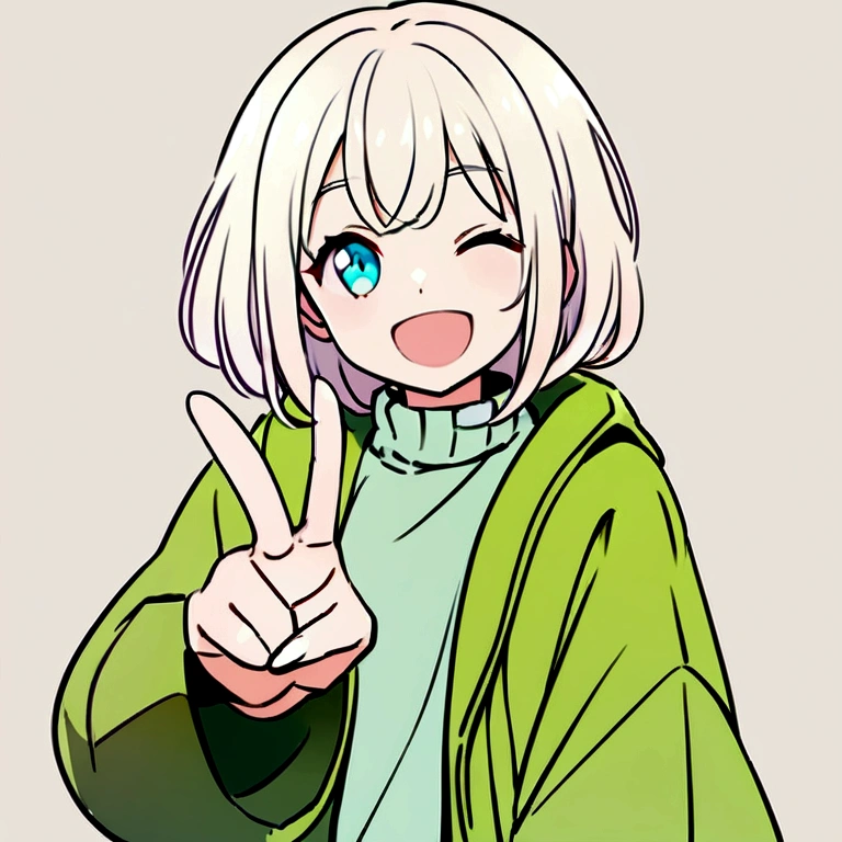 Create an anime-style illustration of a cheerful girl with short, light-colored hair. She is smiling widely with her eyes closed, giving a peace sign with one hand. The girl is wearing an oversized jacket in neutral tones, and a light-colored turtleneck underneath. The background should be simple and plain to keep the focus on the character. Ensure the color combination and style match the provided reference."