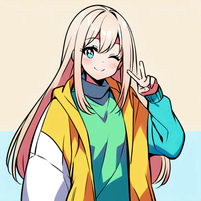 Create an anime-style illustration of a cheerful girl with short, light-colored hair. She is smiling widely with her eyes closed, giving a peace sign with one hand. The girl is wearing an oversized jacket in neutral tones, and a light-colored turtleneck underneath. The background should be simple and plain to keep the focus on the character. Ensure the color combination and style match the provided reference."