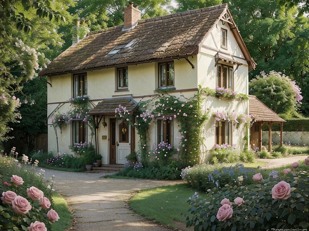 A charming countryside cottage covered in roses, surrounded by a flower garden and dense thickets, sunny day, cottagecore aesthetic, pastel colors, serenity, by Thomas Kinkade