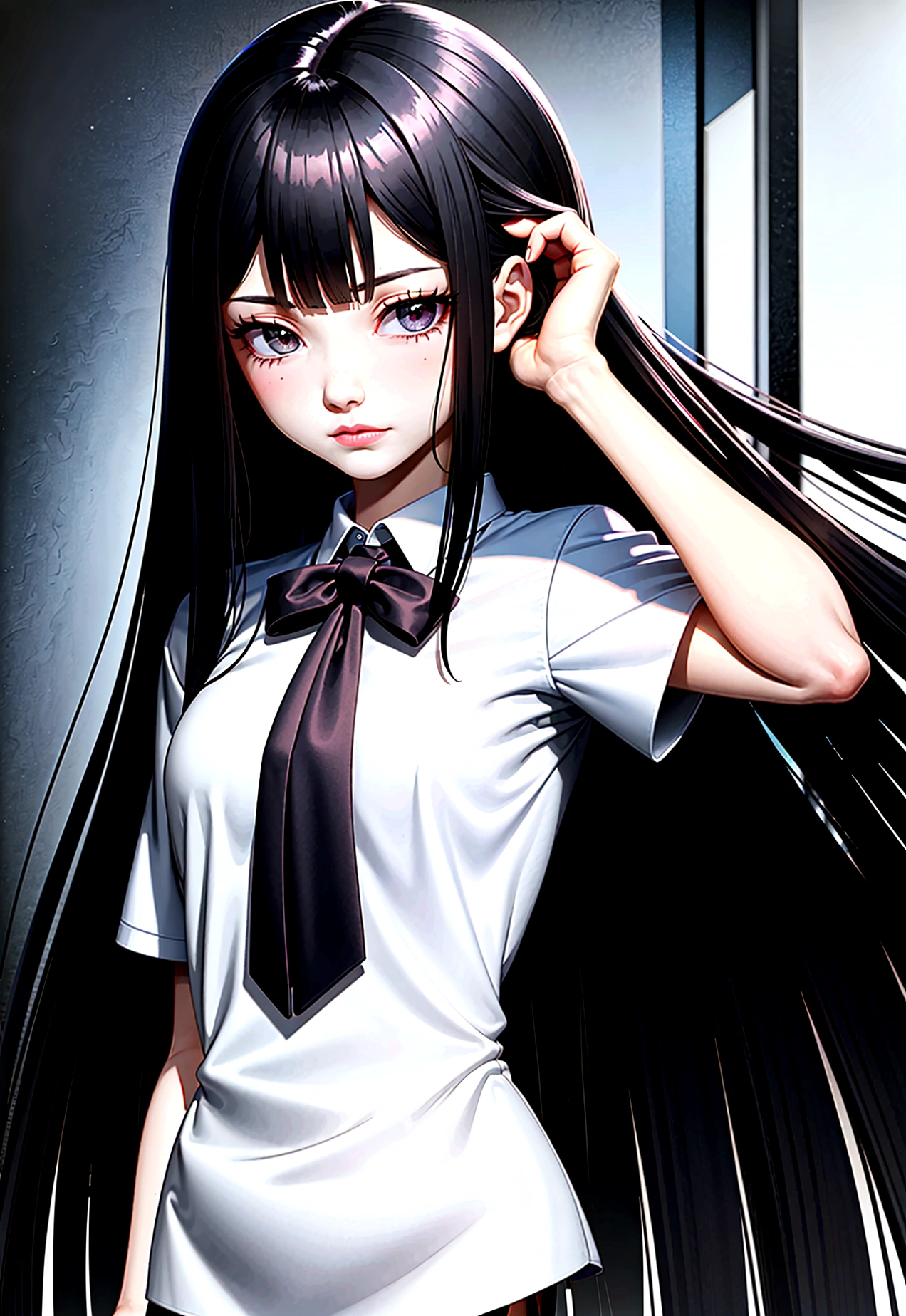 Beautiful girl, high, black long hair, straight hairstyle, pale skin, grey eyes, looking away, black shirt, white tie