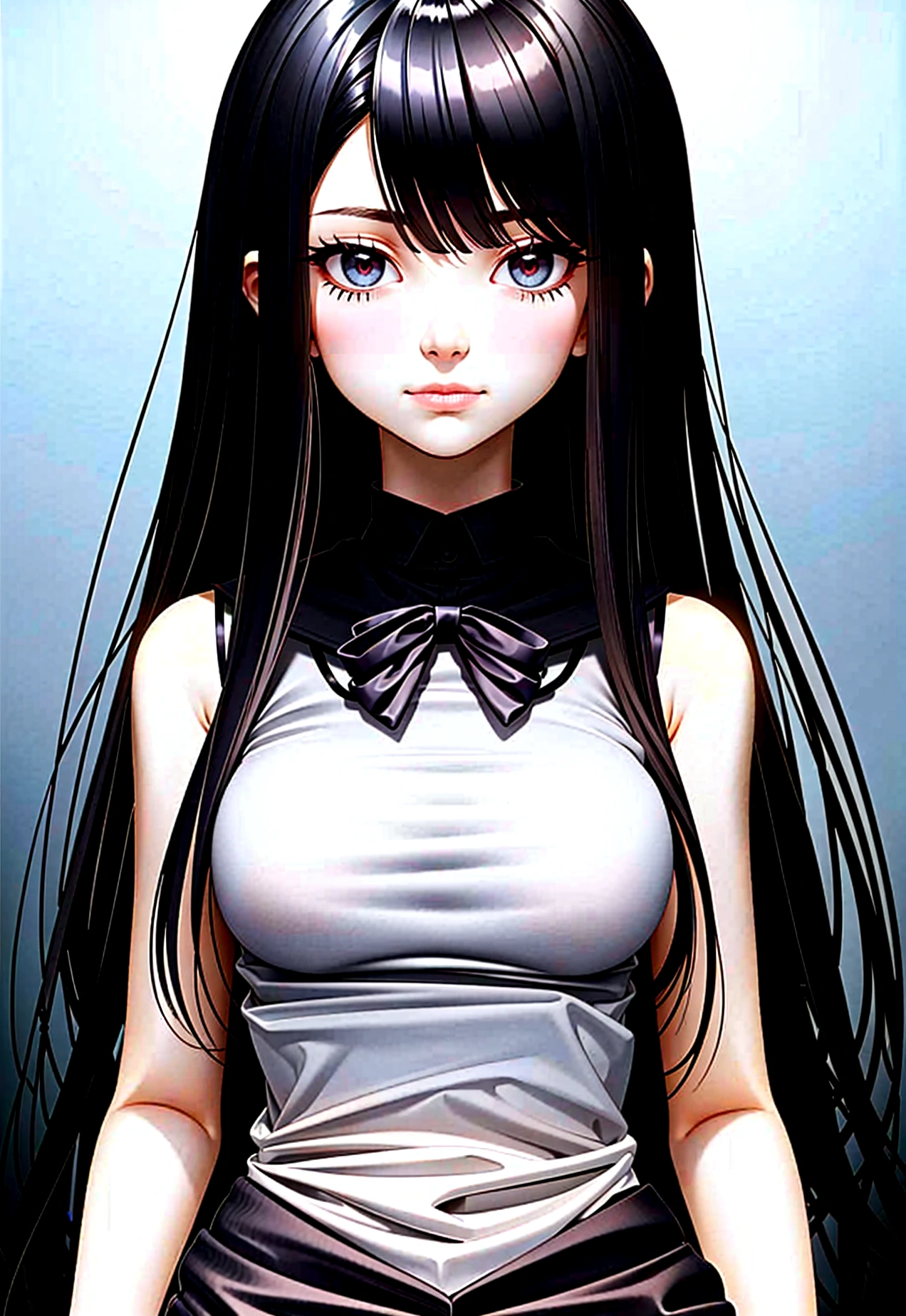 Beautiful girl, high, black long hair, straight hairstyle, pale skin, grey eyes, looking away, black shirt, white tie