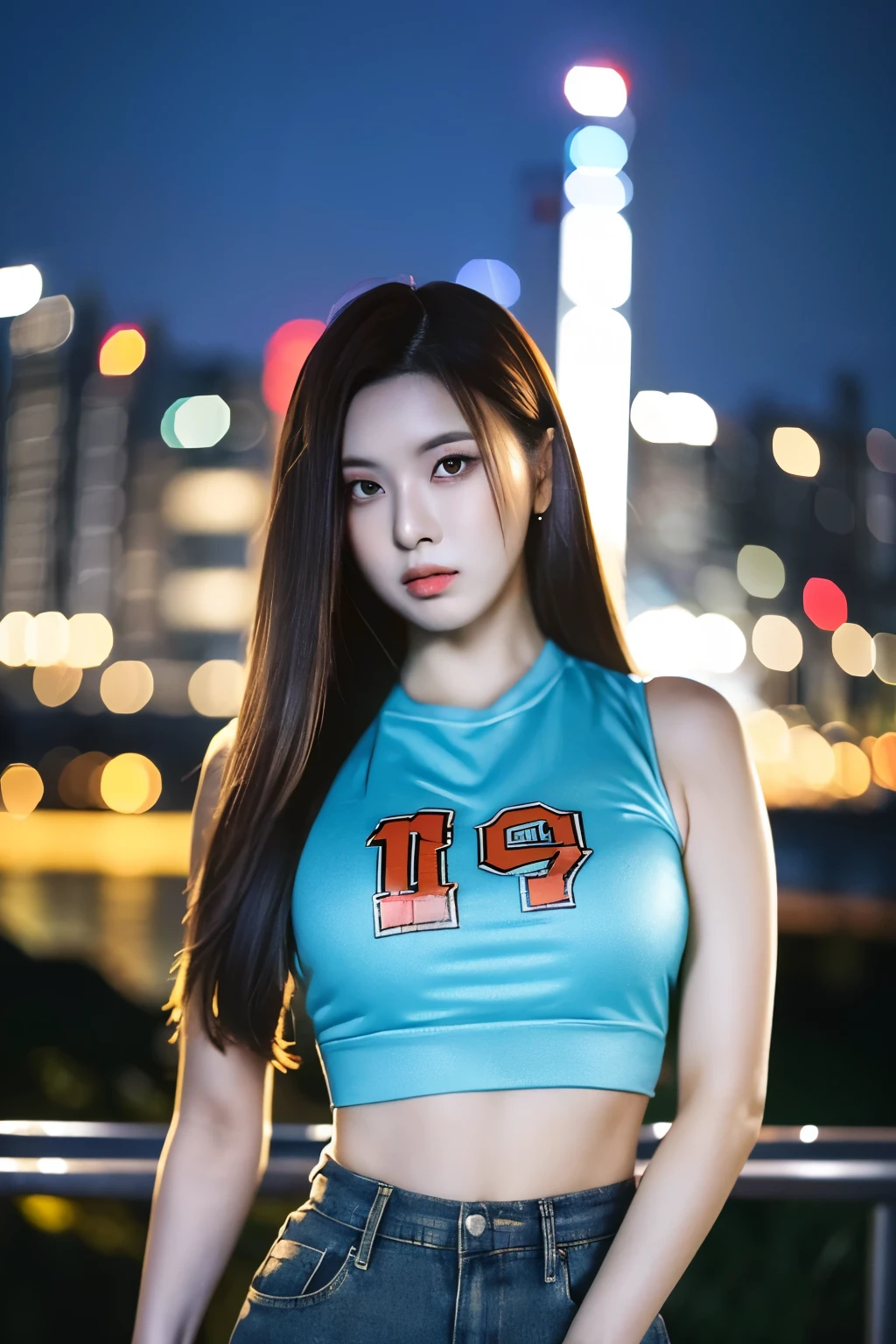 (8k, 4k, best quality, highres, ultra high res:1.1), (masterpiece, realistic, photo-realistic), 1girl, a nmixxbae, perfect eyes, cropped top, shirts, Korean style, (looking at viewer), perfect face, perfect body, (extremely detailed face), close up photo, ((standing against a city skyline at night)), beauty