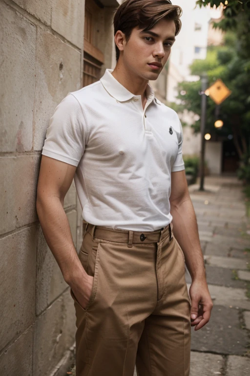 Male Young adult wearing a short sleeve white polo shirt tucked in brown trousers