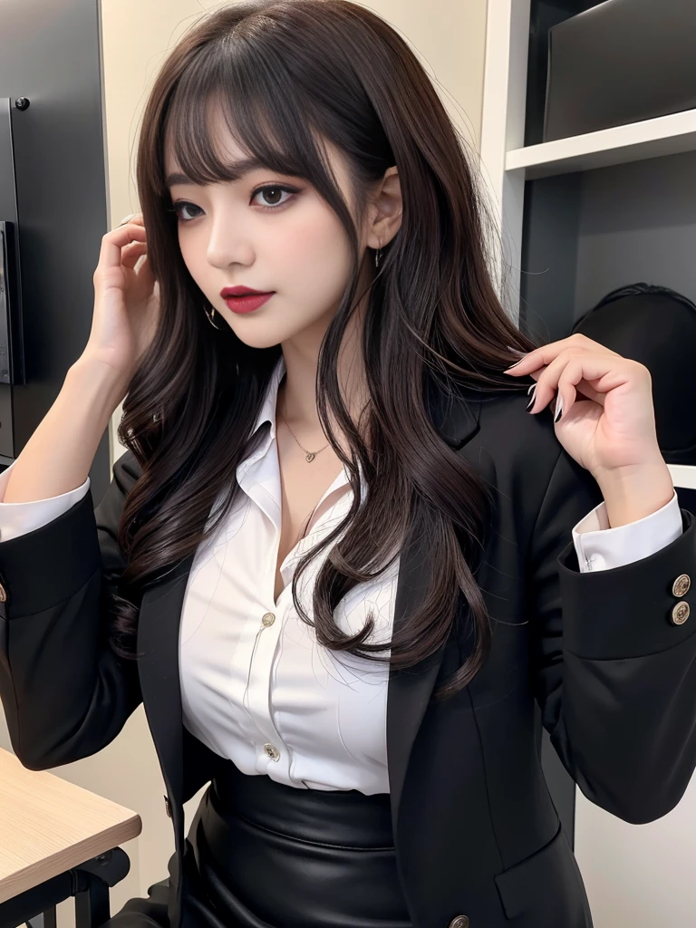Highest quality、Super detailed、4K、Japanese、Captivating beauty、Attractive adult woman、Beautiful woman、Cool girl、evil女、brainwashingされた、brainwashing、Fallen into evil、Grin、邪evilな表情、邪evilな笑顔、evil、Brown Hair、Wavy Hair、Swept-apart bangs、Heavy makeup、Heavy makeup、Sharp Eye、Hollow Eyes,Half-closed eyes、Hollow Eyes、purple eye shadow、Black lipstick、Black lip gloss、suit、Black jacket、blouse、Black tight skirt、night、In the office、Have lipstick