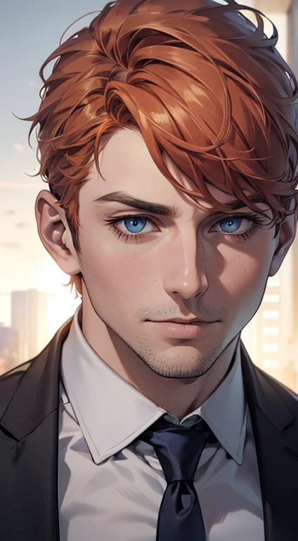 (best quality,4k,8k,highres,masterpiece:1.2),ultra-detailed,(realistic,photorealistic,photo-realistic:1.37),1 man,31 years old,mature man,very handsome,without expression,smile,short grey orange hair,blue eyes,penetrating gaze,perfect face without errors,imposing posture,businessman,office background,cinematic lighting,hdr image