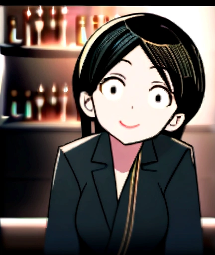 ((best quality, 8K, masterpiece: 1.3)), beautiful girl, pure, melon face, kind and cute, sweet smile, pure desire, slender body, (front), (tilted head), ((looking at camera) ), wearing a black suit, black silky medium hair, long flowing shoulders, round black big eyes, clear big eyes, moist red lips, sweet, sitting in a cafe, cafe background , (((whole body))),