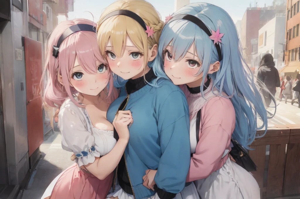 Modern city,Fluffy hair,Light blue hair,Blonde,Light pink hair,Headband,Braid,Autumn outfit,Short clothing that shows the buttocks,The sleeves of the dress are a little long,I can see a little cleavage,Moe sleeves,Date,Several people hugging each other,Embrace,watching each others eyes,Facing each other,blush with embarrassment,Happy expression,Hand in hand,Arms crossed,Flirting with a close-knit body