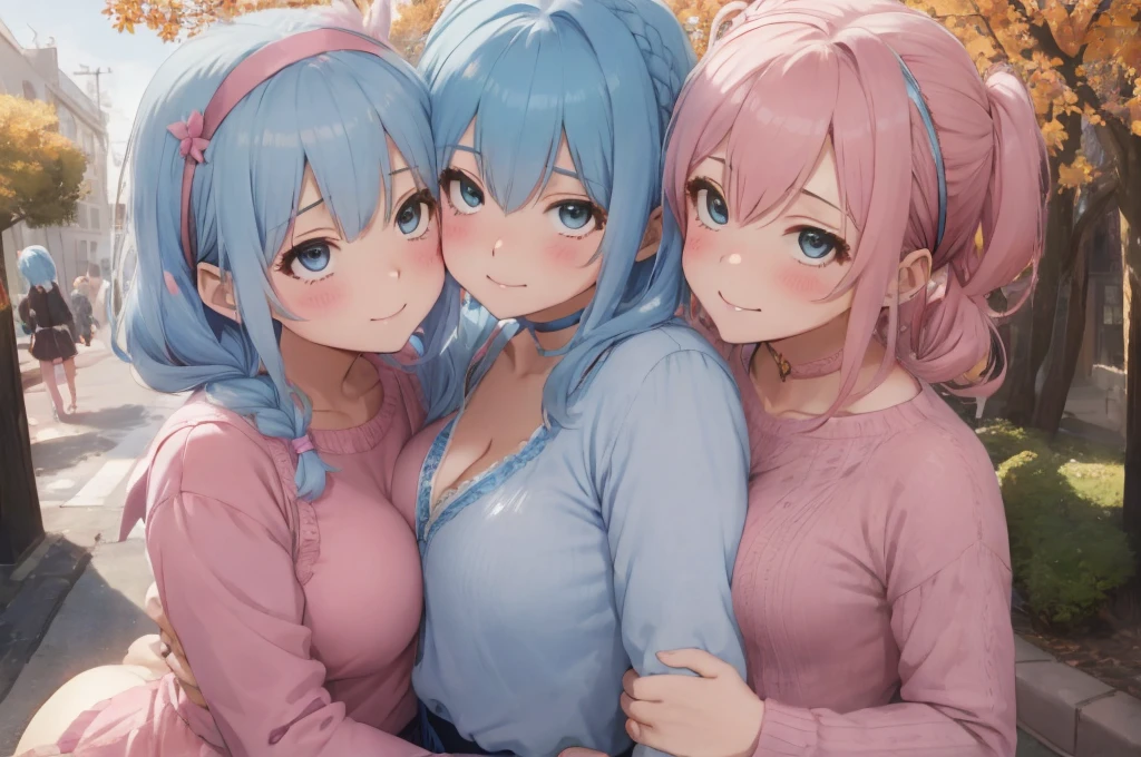 Modern city,Fluffy hair,Light blue hair,Blonde,Light pink hair,Headband,Braid,Autumn outfit,Short clothing that shows the buttocks,The sleeves of the dress are a little long,I can see a little cleavage,Moe sleeves,Date,Several people hugging each other,Embrace,watching each others eyes,Facing each other,blush with embarrassment,Happy expression,Hand in hand,Arms crossed,Flirting with a close-knit body
