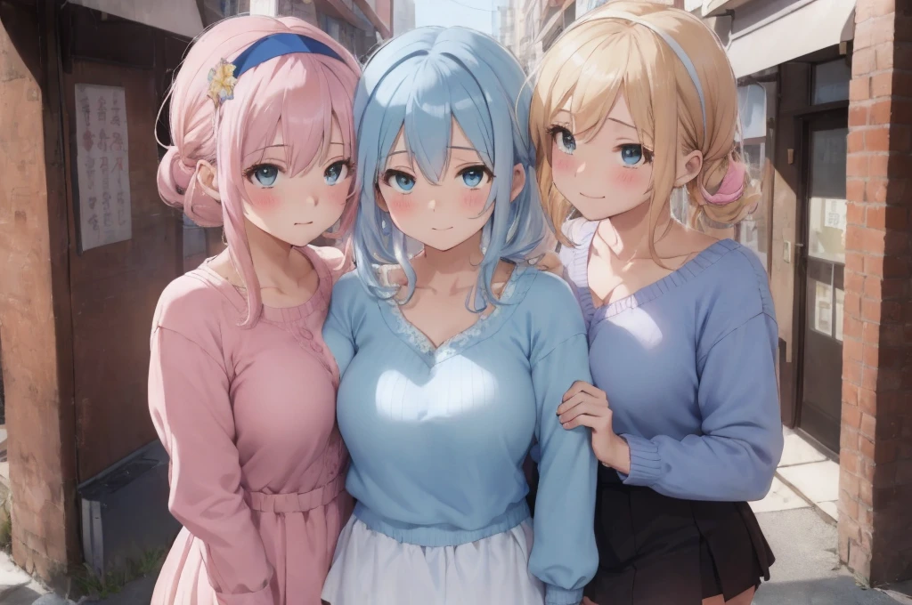 Modern city,Fluffy hair,Light blue hair,Blonde,Light pink hair,Headband,Braid,Autumn outfit,Short clothing that shows the buttocks,The sleeves of the dress are a little long,I can see a little cleavage,Moe sleeves,Date,Several people hugging each other,Embrace,watching each others eyes,Facing each other,blush with embarrassment,Happy expression,Hand in hand,Arms crossed,Flirting with a close-knit body
