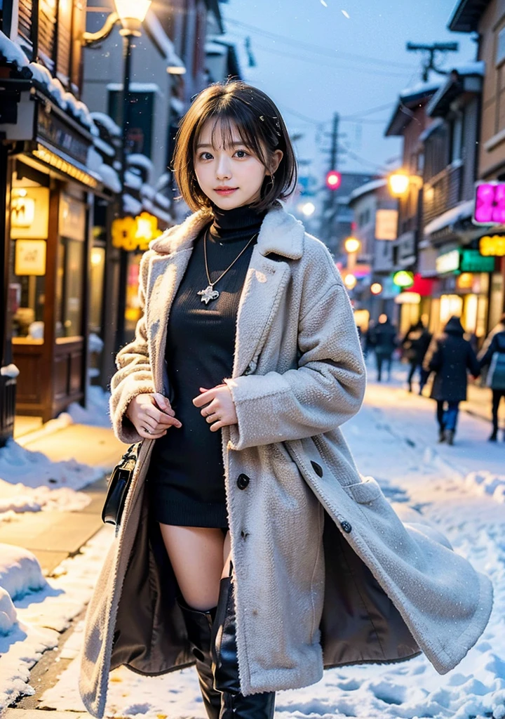 Photo from the waist up、Night city illumination shot、Cowgirl Shot、Fur coat、豪華なグレーのミンクのFur coat、Wear fine leather boots、Luxury Bags、Inner turtleneck、Silver necklace and small silver earrings Millionaire style:1.4))、Full body photo、smile、 Caustics、Highly detailed photos、Very beautiful woman 、Ample breasts、No makeup、(8K、RAW Photos、Highest quality、masterpiece:1.2)、(Realistic、Realistic)、1 Girl、((Medium Short Hair、Midwinter、Cold region Snow falling、The wind is blowing、Fluttering Hair、Blur the background、Colorful illuminations、Looking into the camera:1.4))、