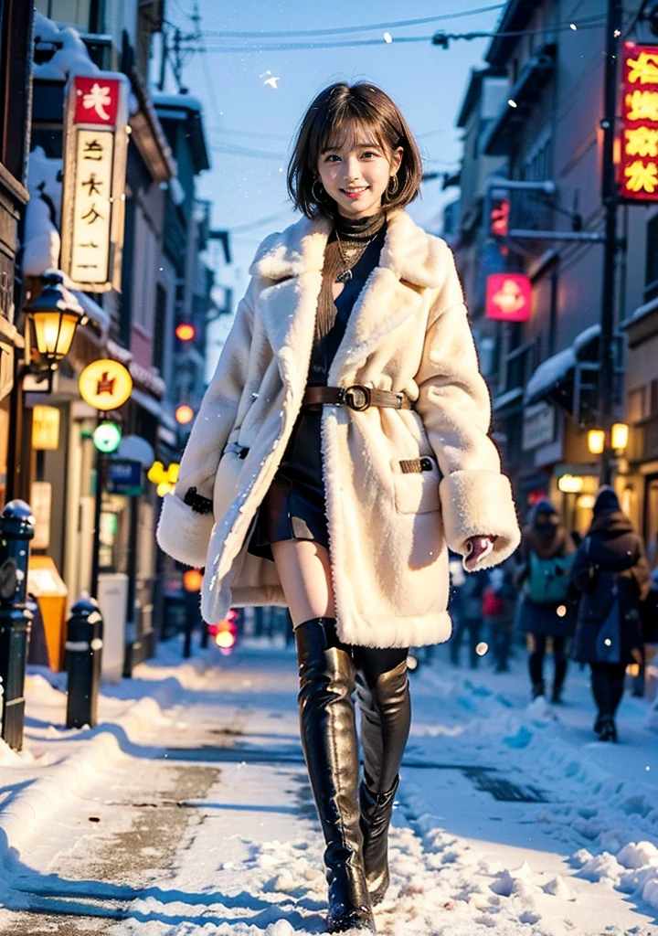 Photo from the waist up、Night city illumination shot、Cowgirl Shot、Fur coat、豪華なグレーのミンクのFur coat、Wear fine leather boots、Luxury Bags、Inner turtleneck、Silver necklace and small silver earrings Millionaire style:1.4))、Full body photo、smile、 Caustics、Highly detailed photos、Very beautiful woman 、Ample breasts、No makeup、(8K、RAW Photos、Highest quality、masterpiece:1.2)、(Realistic、Realistic)、1 Girl、((Medium Short Hair、Midwinter、Cold region Snow falling、The wind is blowing、Fluttering Hair、Blur the background、Colorful illuminations、Looking into the camera:1.4))、