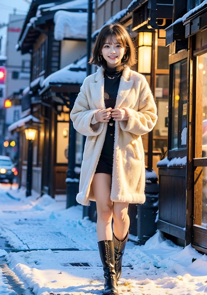 Photo from the waist up、Night city illumination shot、Cowgirl Shot、Fur coat、豪華なグレーのミンクのFur coat、Wear fine leather boots、Luxury Bags、Inner turtleneck、Silver necklace and small silver earrings Millionaire style:1.4））、Full body photo、smile、 Caustics、Highly detailed photos、Very beautiful woman 、Ample breasts、No makeup、(8K、RAW Photos、Highest quality、masterpiece:1.2)、(Realistic、Realistic)、1 Girl、((Medium Short Hair、Midwinter、Cold region Snow falling、The wind is blowing、Fluttering Hair、Blur the background、Colorful illuminations、Looking into the camera:1.4))、

