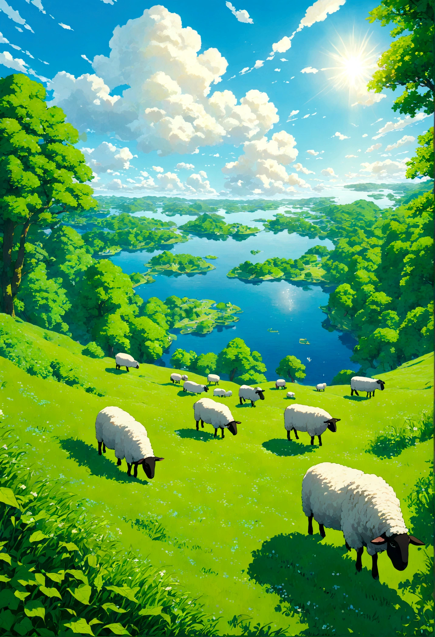 Covered in bright green grass blocks、広大でなだらかなhill陵地帯。Here and there、オークや白樺のwood々The leaves grow thick.、wood陰を作り出している。The sunshine is shining々And it poured down、Through the leaves、It draws beautiful patterns on the ground。In the distance、The blue water surface sparkles、sheepやoxがのんびりと草を食んでいる姿が見える。In the sky、白いcloudがゆっくりと流れ、A game that makes players want to lose track of time and go on an adventure、peaceで美しい風景が広がっている。minecraft, forest, Daytime, hill, wood, lake, sheep, ox, cloud, peace, Peaceful