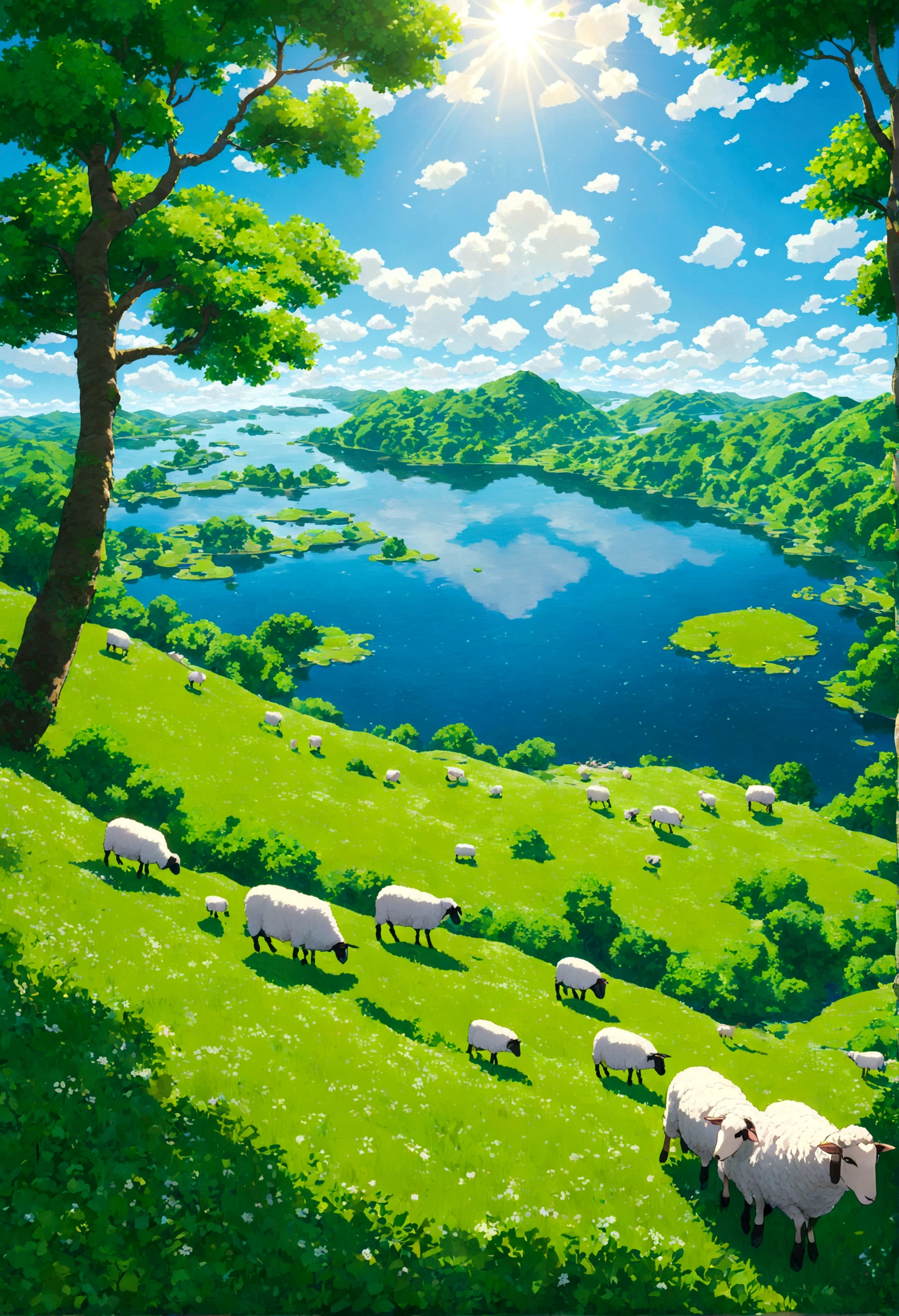 Covered in bright green grass blocks、広大でなだらかなhill陵地帯。Here and there、オークや白樺のwood々The leaves grow thick.、wood陰を作り出している。The sunshine is shining々And it poured down、Through the leaves、It draws beautiful patterns on the ground。In the distance、The blue water surface sparkles、sheepやoxがのんびりと草を食んでいる姿が見える。In the sky、白いcloudがゆっくりと流れ、A game that makes players want to lose track of time and go on an adventure、peaceで美しい風景が広がっている。minecraft, forest, Daytime, hill, wood, lake, sheep, ox, cloud, peace, Peaceful