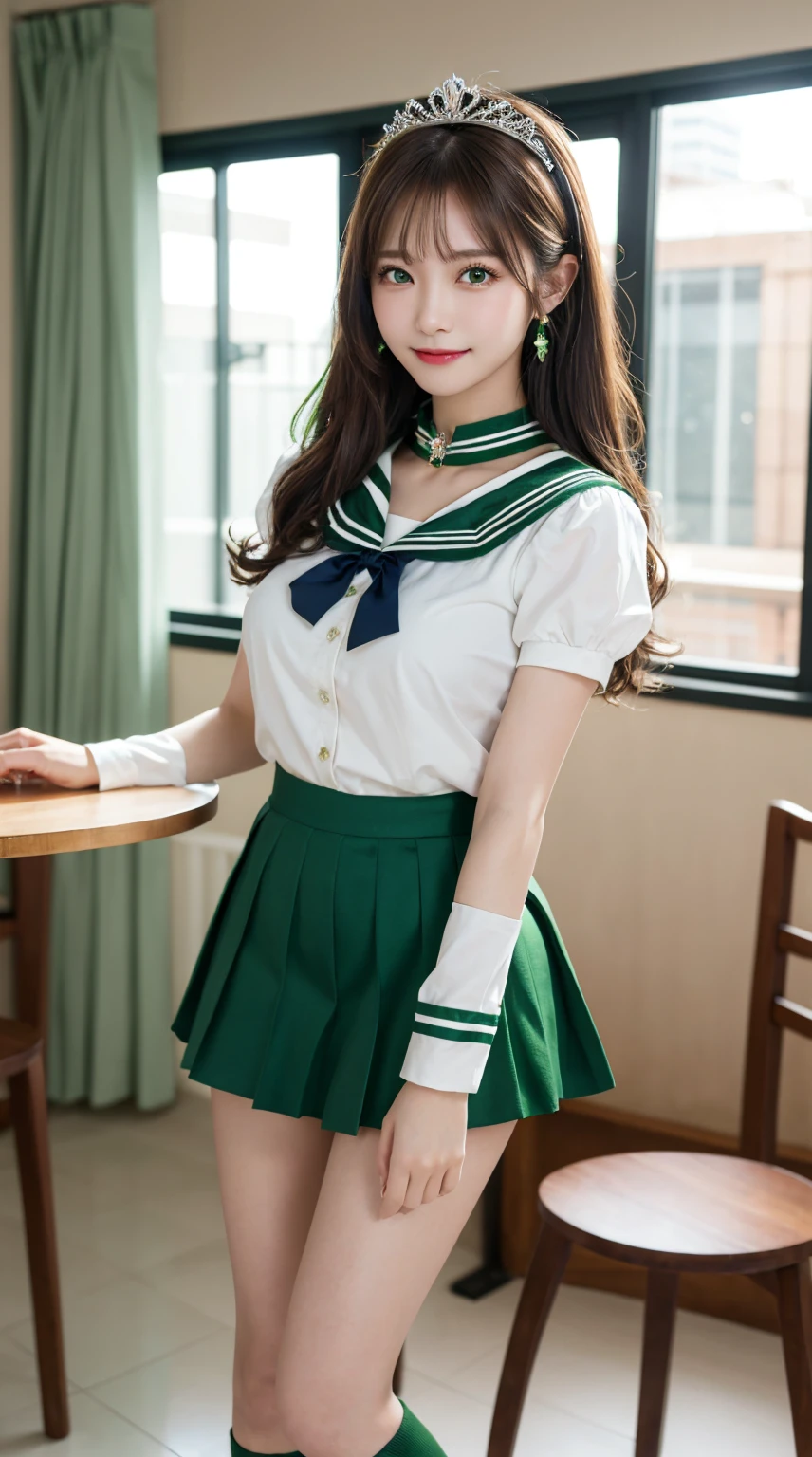 highest quality、table top、8k、best image quality、Award-winning work)、one beautiful woman、radiant beautiful skin , masterpiece、top-quality、The ultra -The high-definition、depth of fields、lens flare 1 girl、brown hair, watching at viewers glares, large breasts ( high heels), perfect legs, model pose, smiling , sailor senshi uniform, (green skirt:1.4), tiara, (green sailor collar:1.4), blue bow, green choker