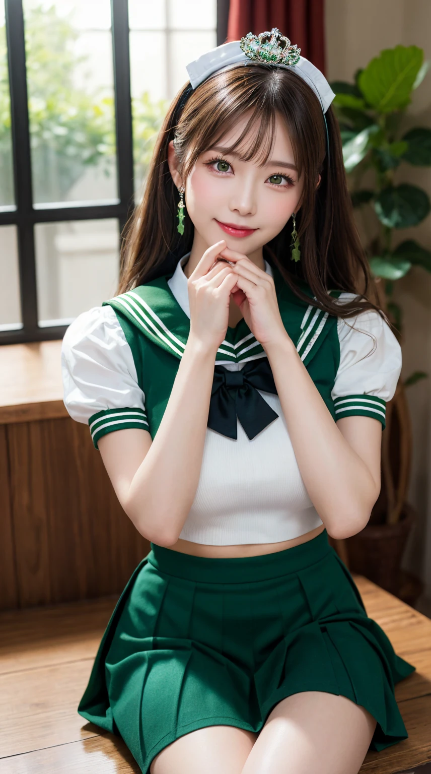 highest quality、table top、8k、best image quality、Award-winning work)、one beautiful woman、radiant beautiful skin , masterpiece、top-quality、The ultra -The high-definition、depth of fields、lens flare 1 girl、brown hair, watching at viewers glares, large breasts ( high heels), perfect legs, model pose, smiling , sailor senshi uniform, (green skirt:1.4), tiara, (green sailor collar:1.4), blue bow, green choker